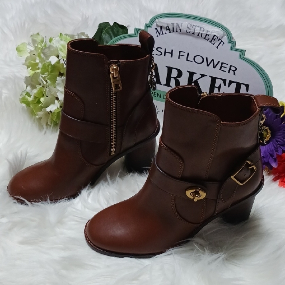 NWT Coach Brown Ankle Booties with Buckle Detail